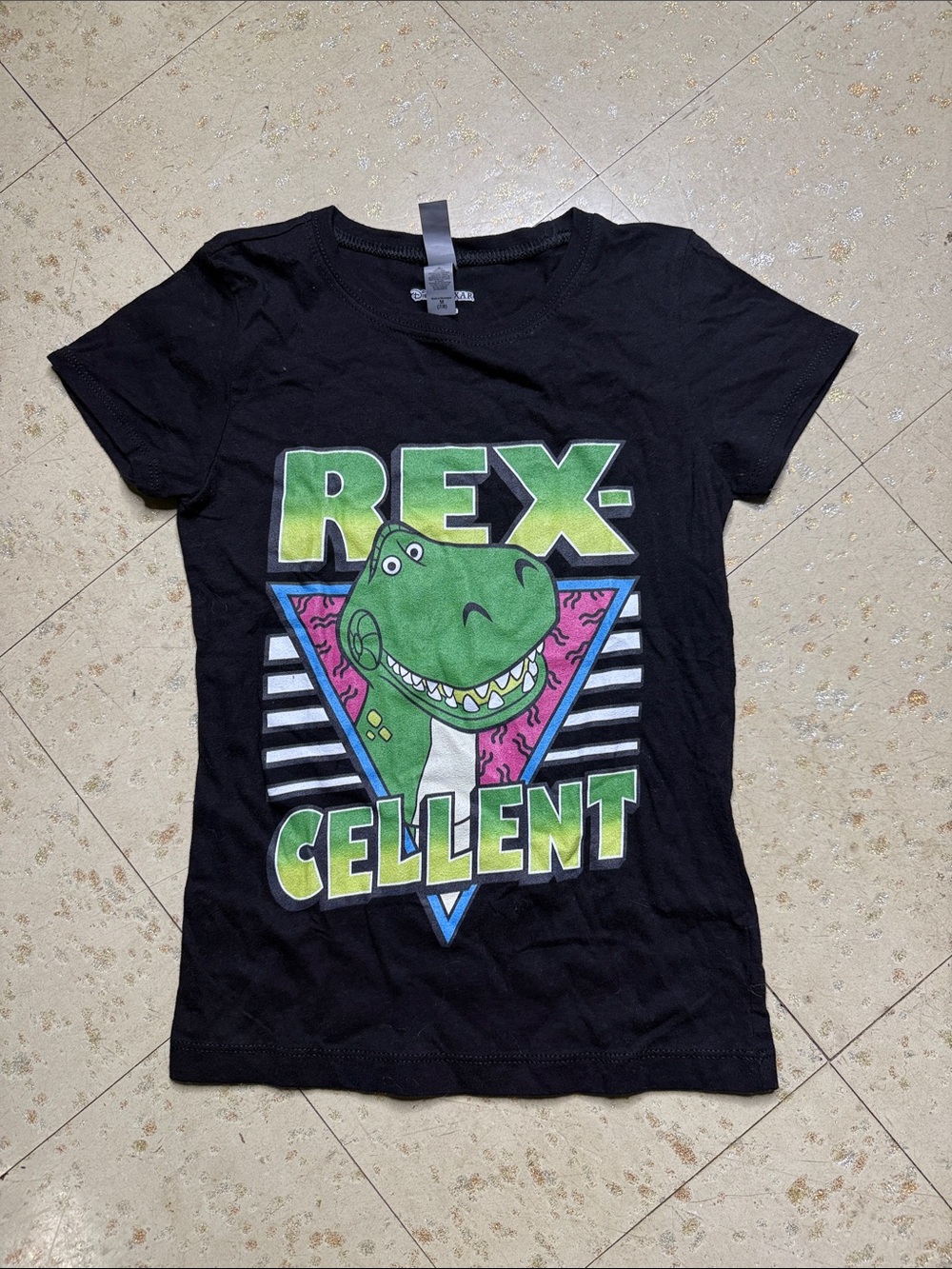 Disney Black Tee with Green, Pink and Blue Dinosaur 'Rex-cellent' Graphic